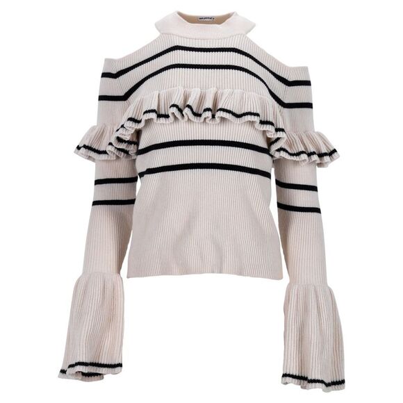 Self-portrait Ruffle-trimmed Ribbed-knit Sweater in Cream Cotton